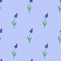 naadloze patroon met lente muscari bloemen op een blauwe achtergrond. vector achtergrond voor afdrukken op papier, stof, verpakking.