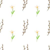 naadloos Pasen-patroon gemaakt van wilgentakjes met narcissen bloemen. feestelijke vectorachtergrond voor afdrukken op papier, stof, verpakking vector