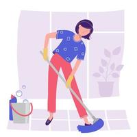 vrouw maakt schoon door de vloer te dweilen met een bezem