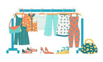 rekken met kleding op hangers. t-shirt, sundress, rok, shirt, overall en culottes in trendy kleur. sneakers, schoenen, sandalen en tassen. platte vectorillustratie, geïsoleerd op een witte vector