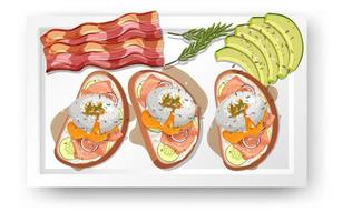bovenaanzicht eten, Egg Benedict en avocado op witte achtergrond vector