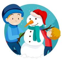 kerstthema met vader en zoon bouwen een sneeuwpop vector
