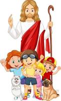 Jezus en kinderen op witte achtergrond vector