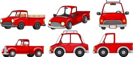 set van verschillende rode auto's in cartoonstijl vector