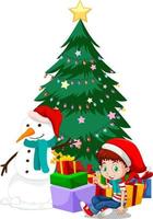 een jongen met kerstboom en sneeuwpop vector