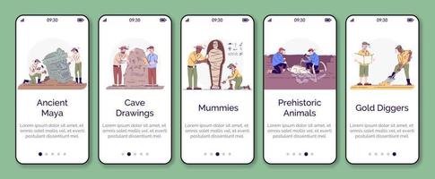 archeologie onboarding mobiele app scherm vector sjabloon. paleontologie en geschiedenis van de beschaving. walkthrough website stappen met platte karakters. ux, ui, gui smartphone cartoon interface concept