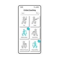 cricket vaardigheden training smartphone interface vector sjabloon. mobiele app pagina kleur ontwerp lay-out. scherm voor sportcoaching. lineaire ui voor toepassing. cricketspeler raakt bal telefoon display..