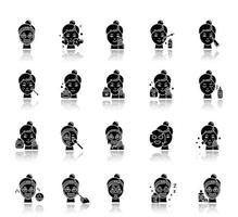 huidverzorging procedures slagschaduw zwarte glyph pictogrammen instellen. gezichtscrème gebruiken. vloeistof, blad, afpelmasker. nachtelijke routine. spot behandeling. vitamine C-serum. geïsoleerde vectorillustraties vector