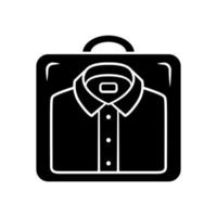 shirt transporter glyph icoon. doorzichtige plastic kledingkoffer. shirt shuttle. reisbagage verpakking organisator. kledingzak, symbool van het containersilhouet. negatieve ruimte. vector geïsoleerde illustratie