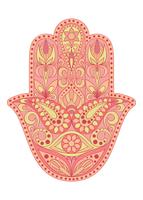 Hand getekend Hamsa-symbool. Hand van Fatima. Etnische amulet die veel voorkomt in Indiase, Arabische en Joodse culturen. Kleurrijk Hamsa-symbool met oostelijk bloemenornament. vector