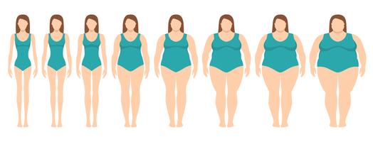Vectorillustratie van vrouwen met verschillend gewicht van anorexie aan uiterst zwaarlijvig. Body mass index, gewichtsverlies concept.