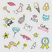 Mode girly stickers instellen. Verzameling van hand getrokken fancy doodle pinnen, badges. Vector trendy illustratie.