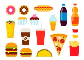 Kleurrijk snel voedsel dat in vlakke stijl wordt geplaatst. Junk food vector iconen collectie. Ongezond eten illustratie.