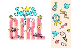 Super Girl belettering met girly doodles en hand getrokken zinnen voor Valentijnsdag kaart ontwerp, meisje t-shirt afdrukken. Hand getrokken buitensporige grappige feminismeslogan in beeldverhaalstijl. vector