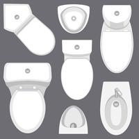 Toilet uitrusting bovenaanzicht collectie voor interieur design.Vector illustratie in vlakke stijl. Set van verschillende soorten toilettypen. vector