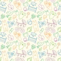 Vector naadloos patroon met babyelementen. Pasgeboren kleding en accessoires herhalende achtergrond in doodle stijl voor textiel, inpakpapier, scrapbooking.