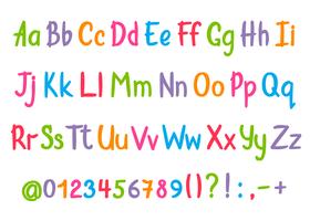 Coloful alfabet in schetsmatige stijl. Vector handgeschreven potlood letters, cijfers en leestekens. Brush pen handschrift lettertype.