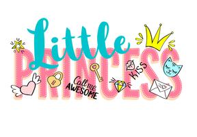 Little Princess belettering met girly doodles en hand getrokken zinnen voor kaart ontwerp, meisje t-shirt afdrukken, posters. Hand getrokken slogan. vector