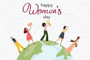 gelukkige vrouwendag illustratie. gelukkige vrouwen die op de planeet aarde lopen. empowerment, concept van gendergelijkheid. vrouwelijke personages van verschillende nationaliteiten. vector