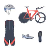 Triatlon ingesteld. Vector fietsapparatuur en kleding.
