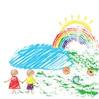 Het tekenpotlood van kinderen met het beeld van kinderen en de regenboog. Vector