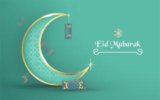 Sjabloon voor Eid Mubarak met groene en gouden kleurtint. 3D-vectorillustratie in papier knippen en ambacht voor islamitische wenskaart, uitnodiging, boekomslag, brochure, webbanner, advertentie. vector