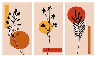 stel vectorafbeeldingen van botanische posters in. tekening van de gebladertelijn in de boho-stijl van aardse toon met een abstracte vorm. minimalistisch bloemdessin voor afdrukken, omslag, behang, banner, kantoor vector