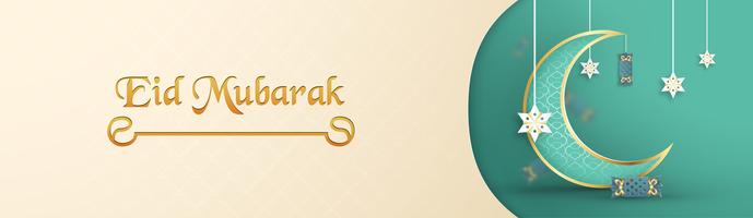 Sjabloon voor Eid Mubarak met groene en gouden kleurtint. 3D-vectorillustratie in papier knippen en ambacht voor islamitische wenskaart, uitnodiging, boekomslag, brochure, webbanner, advertentie. vector