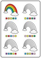 kleurplaten, educatieve spelletjes voor kinderen, voorschoolse activiteiten, afdrukbare werkbladen. eenvoudige cartoon vectorillustratie van kleurrijke objecten om kleuren te leren. de regenboog kleuren. vector