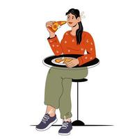 jonge vrouw zit aan de tafel en eet pizza, cartoon vectorillustratie geïsoleerd op een witte achtergrond. Italiaans restaurant en pizzeria. jong meisje in een pizzacafé.