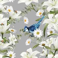 elegante naadloze patroonlelie en blauwe vogel vector