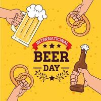 internationale bierdag, augustus, met handen vasthouden, mok glas en flesje bier, pretzel vector