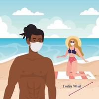 sociale afstand op het strand, stel met medisch masker, nieuw normaal zomerstrandconcept na coronavirus of covid 19 vector