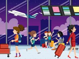 luchthaventerminal met toeristen en vliegtuigbemanningen vector