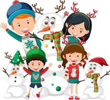 gelukkige familie in kerstthema met sneeuwpop vector