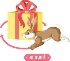 voorzetsel woordkaart met konijn rondrennen doos vector