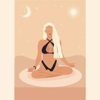 yoga met een meisje. een gezichtsloos personage dat yoga doet. lessen, online training, werk, thuis. illustratie. vector. kan worden gebruikt om collages te maken in webdesign vector