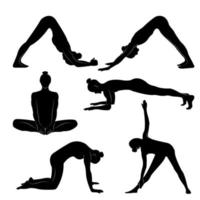 set van vector geïsoleerde silhouetillustraties van een geschikte jonge dame die yoga beoefent en uitoefent voor een gezonde levensstijl op een witte achtergrond