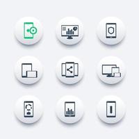 mobiel, desktop apps iconen set, vector pictogrammen met smartphones en tablets