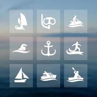 watersport iconen set, duiken, zwemmen, surfen, zeilen, roeien
