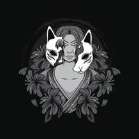 Japanse geisha vrouw illustratie met kitsune masker en bloemen voor t-shirt ontwerp en print vector