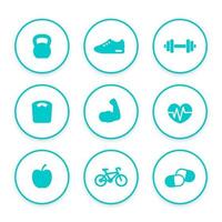 fitness iconen set, ronde eenvoudige pictogrammen vector