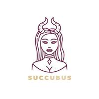 succubus-logo-ontwerp, demonenmeisje, tovenares, vrouw met hoorns, zeer fijne tekeningen vector