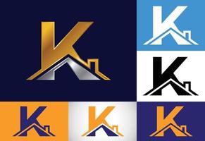 eerste k monogram alfabet met het dak. huis of huis teken. onroerend goed logo concept. lettertype embleem. modern vectorlogo voor onroerendgoedzaken en bedrijfsidentiteit. vector
