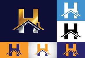eerste h monogram alfabet met het dak. huis of huis teken. onroerend goed logo concept. lettertype embleem. modern vectorlogo voor onroerendgoedzaken en bedrijfsidentiteit. vector