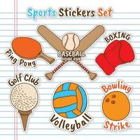 handgetekende sportuitrusting stickers met gelinieerd notebookpapier als achtergrond vector