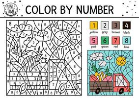 vector Pasen-kleur op nummeractiviteit met autorijdende eieren en wortelen. voorjaarsvakantie kleur- en telspel met schattige vogel. grappige kleurpagina voor kinderen met traditionele symbolen.