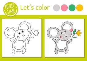 Pasen kleurplaat voor kinderen. grappige muis met bloem. vector vakantie overzicht illustratie met schattige traditionele dier. schattig lente kleurboek voor kinderen met gekleurd voorbeeld