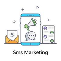 een marketing via berichten, platte omtrekvector van sms-marketing vector