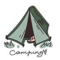 handgetekende vectorillustraties van een kamptent. doodle tent pictogram. camping handgeschreven woord. geïsoleerd element op witte achtergrond. vector